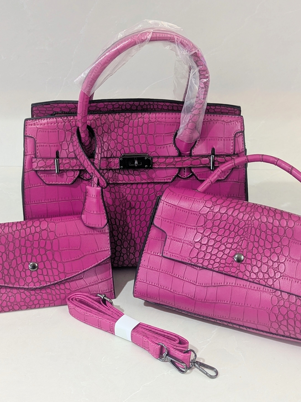 Fuchsia Croc-Embossed Tote and Wallet Set
